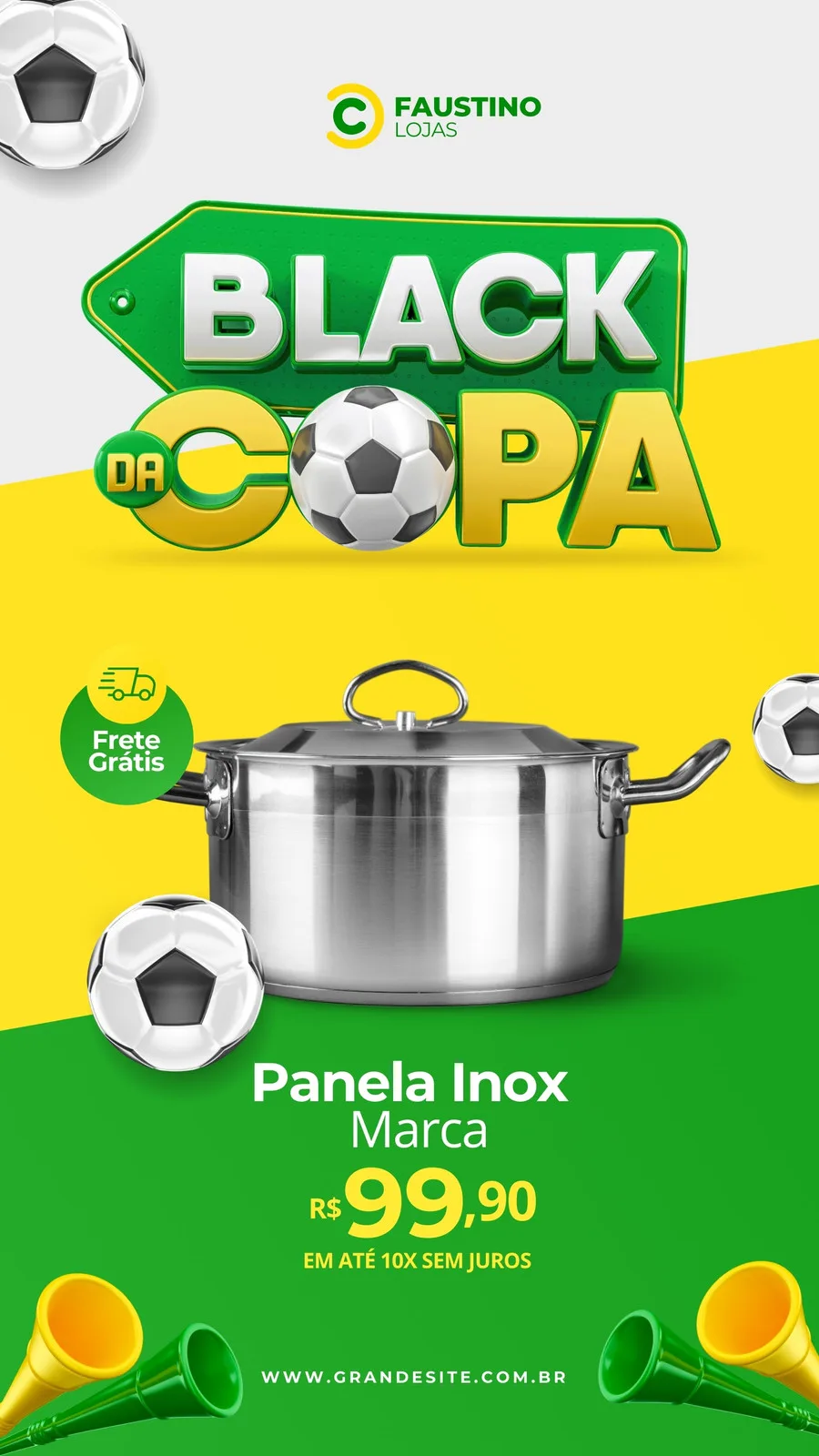 Template de Story para Instagram com tema de futebol e Black Friday. Fundo verde e amarelo com a frase 'Black da Copa' em destaque. Uma panela de inox é exibida com preço promocional e ícone de frete grátis. Bolas de futebol e buzinas de torcida completam o design.