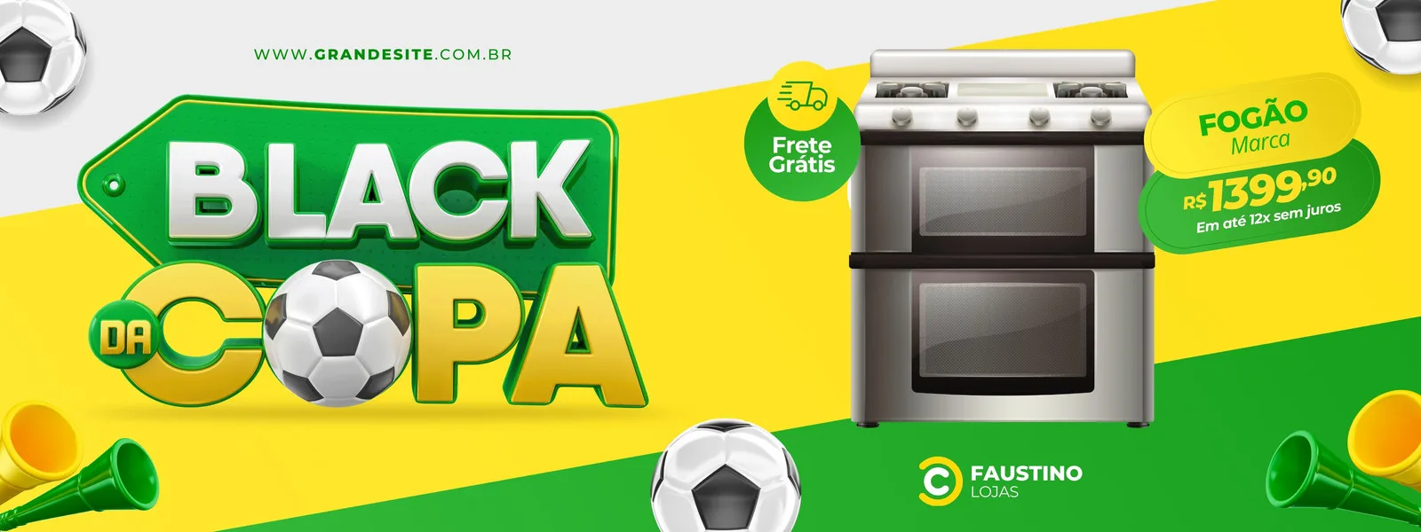 Banner horizontal com tema de futebol e cores verde e amarelo, anunciando a 'Black da Copa' com ofertas especiais. Destaca um fogão com preço promocional e frete grátis, ideal para lojas de eletrodomésticos e comércio em geral.