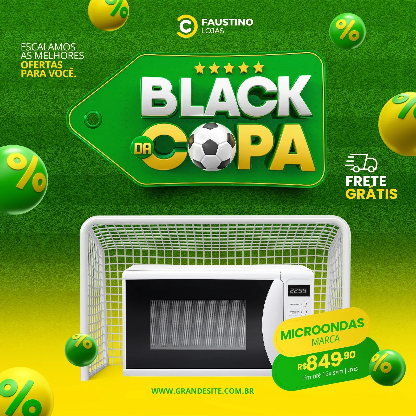 Template de post para Instagram e Facebook com tema "Black da Copa", apresentando um micro-ondas em frente a um gol, com destaque para a promoção "Black da Copa Ofertas" em verde e amarelo, e a oferta de frete grátis.