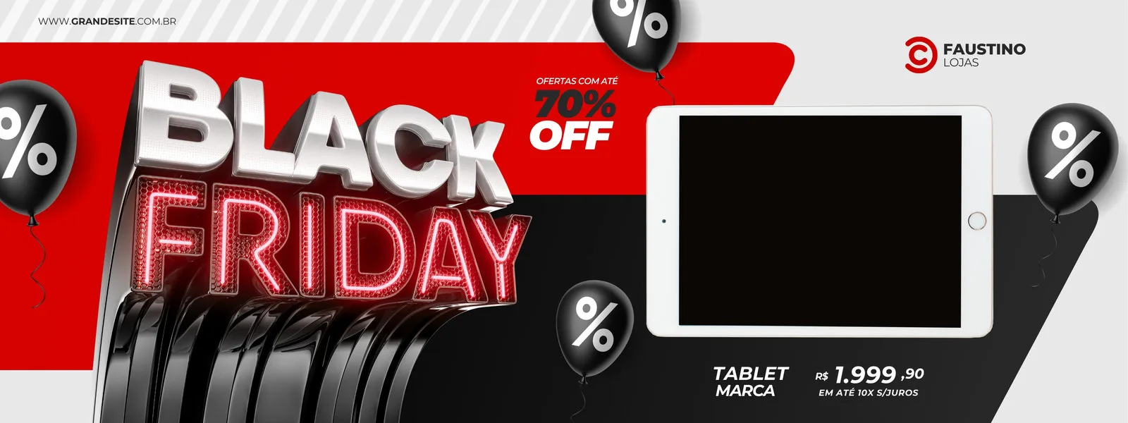 Banner horizontal com a frase 'Black Friday' em 3D com brilho neon vermelho, balões pretos com símbolo de porcentagem e a oferta de 70% OFF. Inclui a imagem de um tablet e preço.