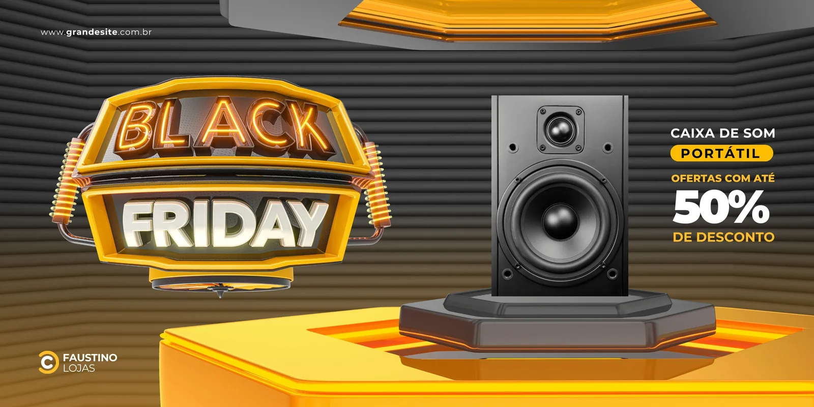 Banner horizontal com tema de Black Friday em tons de laranja, cinza e branco. Destaque para um logo "Black Friday" estilizado e uma caixa de som portátil em um pedestal, com texto indicando "Ofertas com até 50% de desconto".
