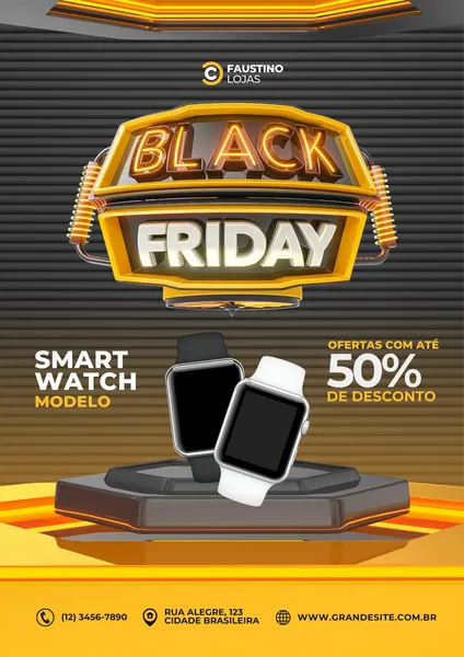 Template de post para redes sociais com tema Black Friday. Destaca um título grande 'BLACK FRIDAY' em dourado e cinza, com imagens de smartwatches em destaque e a oferta de 50% de desconto. Fundo escuro com detalhes em laranja e amarelo.