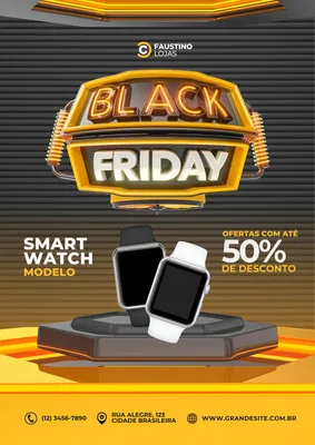 Template de post para redes sociais com tema Black Friday. Destaca um título grande 'BLACK FRIDAY' em dourado e cinza, com imagens de smartwatches em destaque e a oferta de 50% de desconto. Fundo escuro com detalhes em laranja e amarelo.