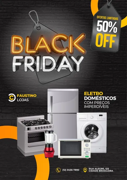 Template de post para Black Friday com o texto 'Black Friday' em destaque neon e metalizado. Inclui um selo de 'Ofertas Limitadas 50% OFF' e imagens de eletrodomésticos como geladeira, fogão, máquina de lavar e micro-ondas. O design é em tons de laranja, cinza e preto.