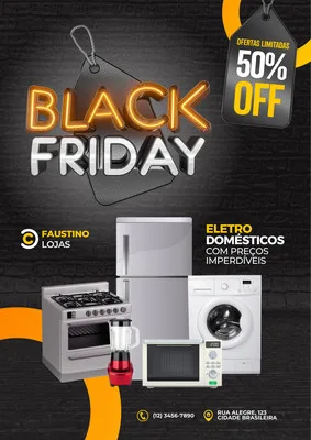 Template de post para Black Friday com o texto 'Black Friday' em destaque neon e metalizado. Inclui um selo de 'Ofertas Limitadas 50% OFF' e imagens de eletrodomésticos como geladeira, fogão, máquina de lavar e micro-ondas. O design é em tons de laranja, cinza e preto.