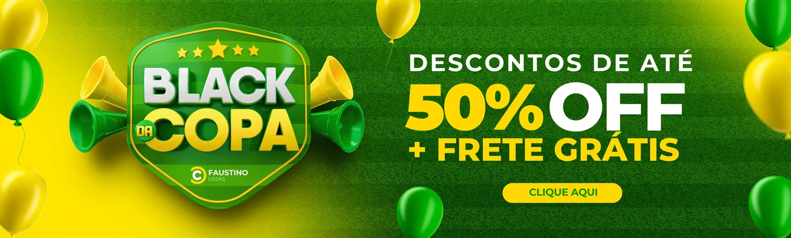 Banner horizontal com tema de futebol e Black Friday. Fundo verde com textura de gramado, balões nas cores amarelo e verde, e o texto 'Black Friday da Copa' em destaque. Oferece descontos de até 50% OFF e frete grátis, com um botão 'Clique Aqui'. Ideal para promoções de lojas.
