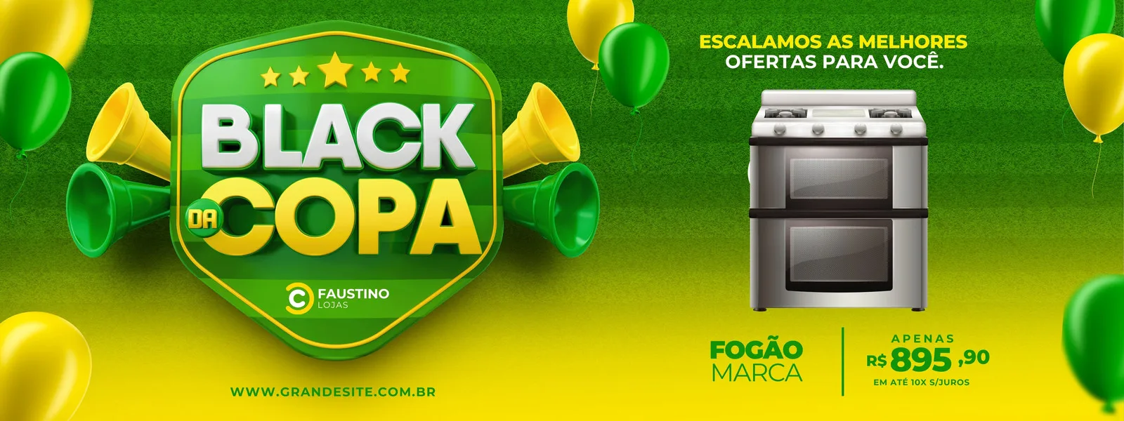 Banner horizontal amarelo, verde e branco com o tema Black Friday da Copa. Destaca um fogão em oferta e balões, com o texto 'Escalamos as melhores ofertas para você'. Ideal para lojas de eletrodomésticos.