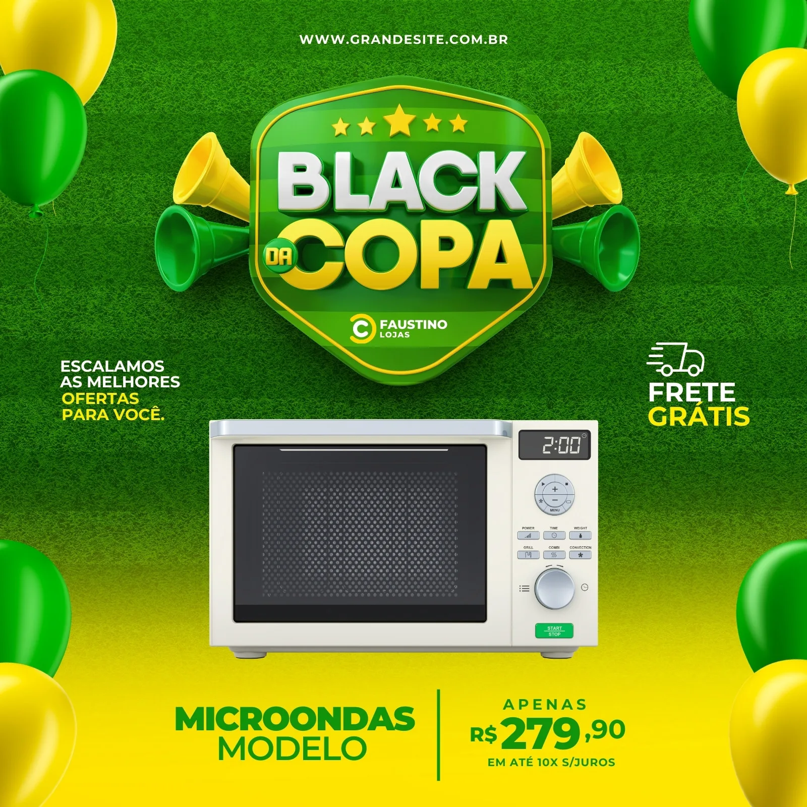 Post de Instagram com tema 'Black Friday da Copa', apresentando um micro-ondas em promoção. O design inclui balões nas cores verde e amarelo, buzinas de festa e o selo 'Frete Grátis'. Fundo com grama sintética.