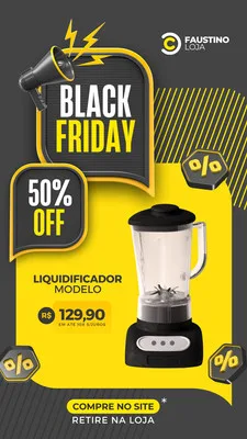 Template de Story para Instagram com tema Black Friday. Fundo cinza escuro, detalhes em amarelo vibrante e branco. Um liquidificador em destaque, com texto 'Black Friday', '50% OFF' e preço promocional. Ícones de porcentagem e megafone completam o design.