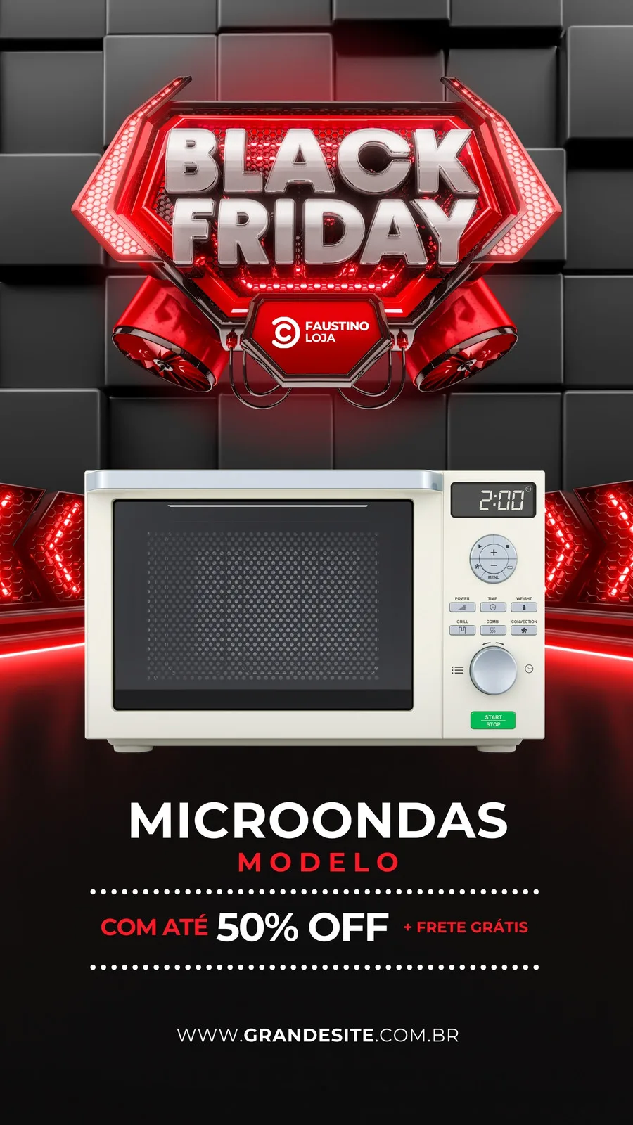 Template de Story para Instagram com tema de Black Friday. Um microondas branco em destaque, com o logo 'Black Friday' em vermelho e 3D acima. Abaixo, a oferta "MICROONDAS MODELO COM ATÉ 50% OFF + FRETE GRÁTIS" e um site.