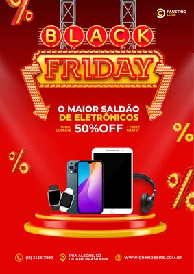 Cartaz de Black Friday com fundo vermelho vibrante, destaque para a frase 'O MAIOR SALDÃO DE ELETRÔNICOS' e '50% OFF'. Exibe smartphones, smartwatch e fones de ouvido em um pódio, com elementos decorativos de porcentagem e luzes.
