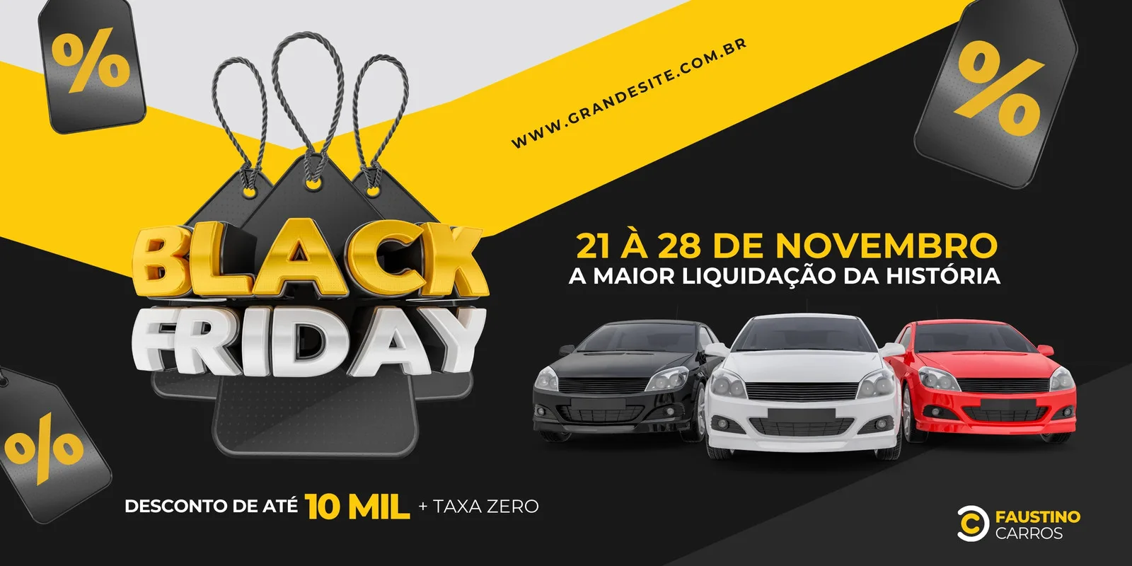 Banner horizontal de Black Friday para loja de carros, com destaque para o texto 'Black Friday', imagens de carros em promoção e etiquetas de desconto. Cores predominantes amarelo, branco e cinza.