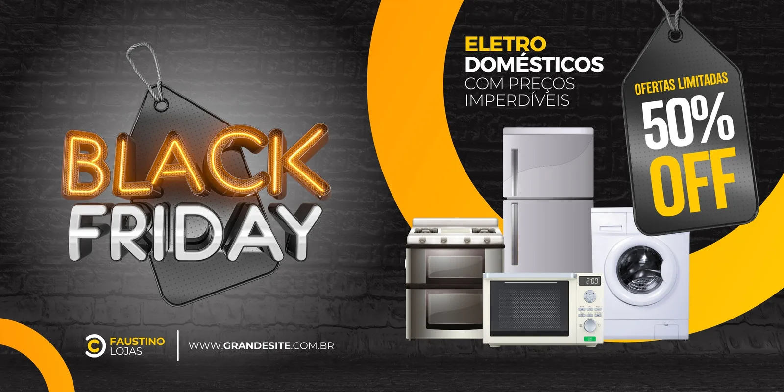 Banner horizontal em tons de laranja, cinza e branco para Black Friday. Destaca o texto "BLACK FRIDAY", "ELETRO DOMÉSTICOS" e "50% OFF" com imagens de geladeira, fogão, máquina de lavar e micro-ondas.