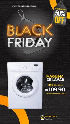Template de Story para Instagram em tons de laranja, cinza e branco, com a frase 'Black Friday' em destaque e uma máquina de lavar em promoção. Inclui texto sobre ofertas e parcelamento.