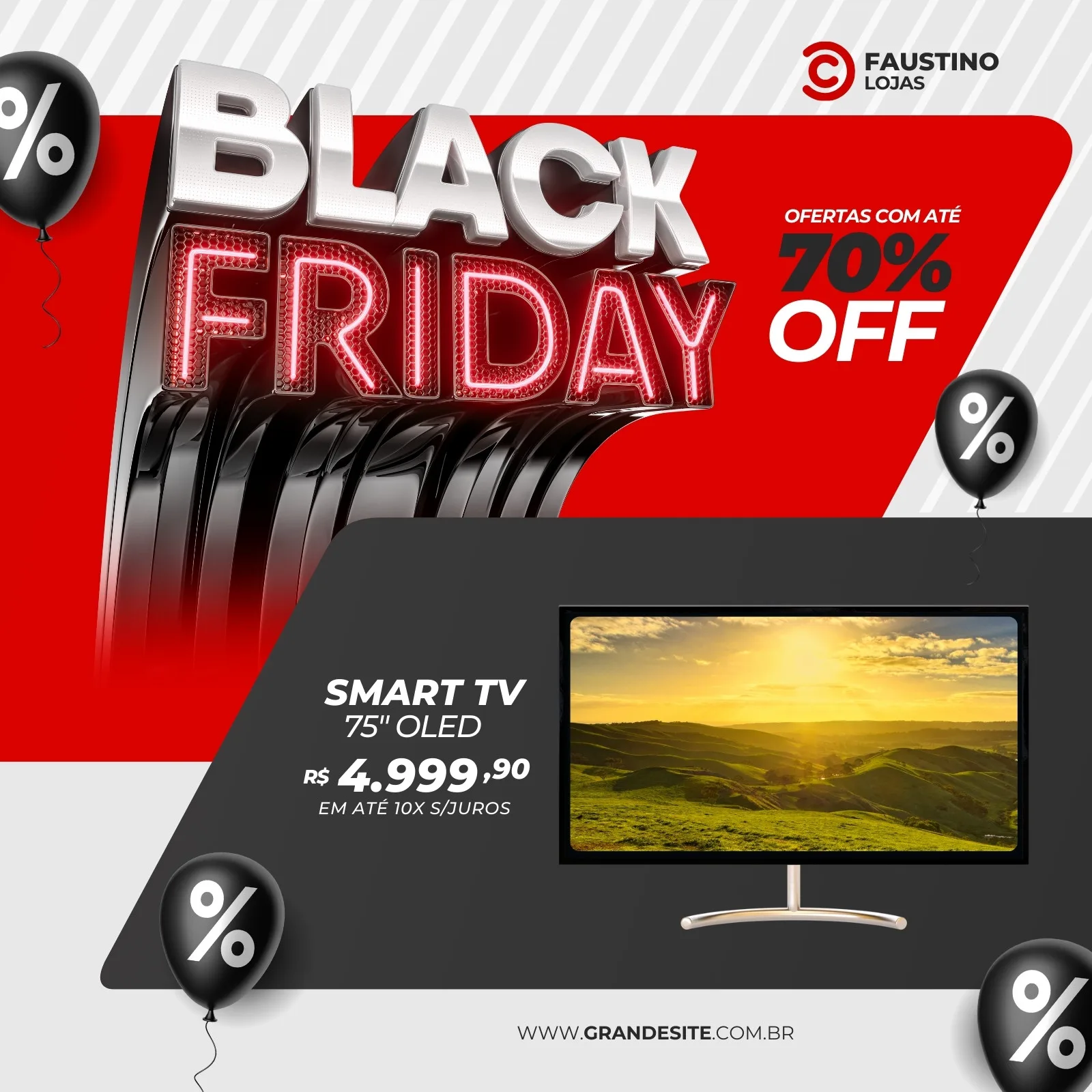 Template de post para Black Friday com o título em 3D 'BLACK FRIDAY' em destaque, balões pretos com símbolo de porcentagem e uma imagem de TV Smart 75" OLED em promoção com 70% OFF. Cores predominantes: vermelho, cinza e branco.