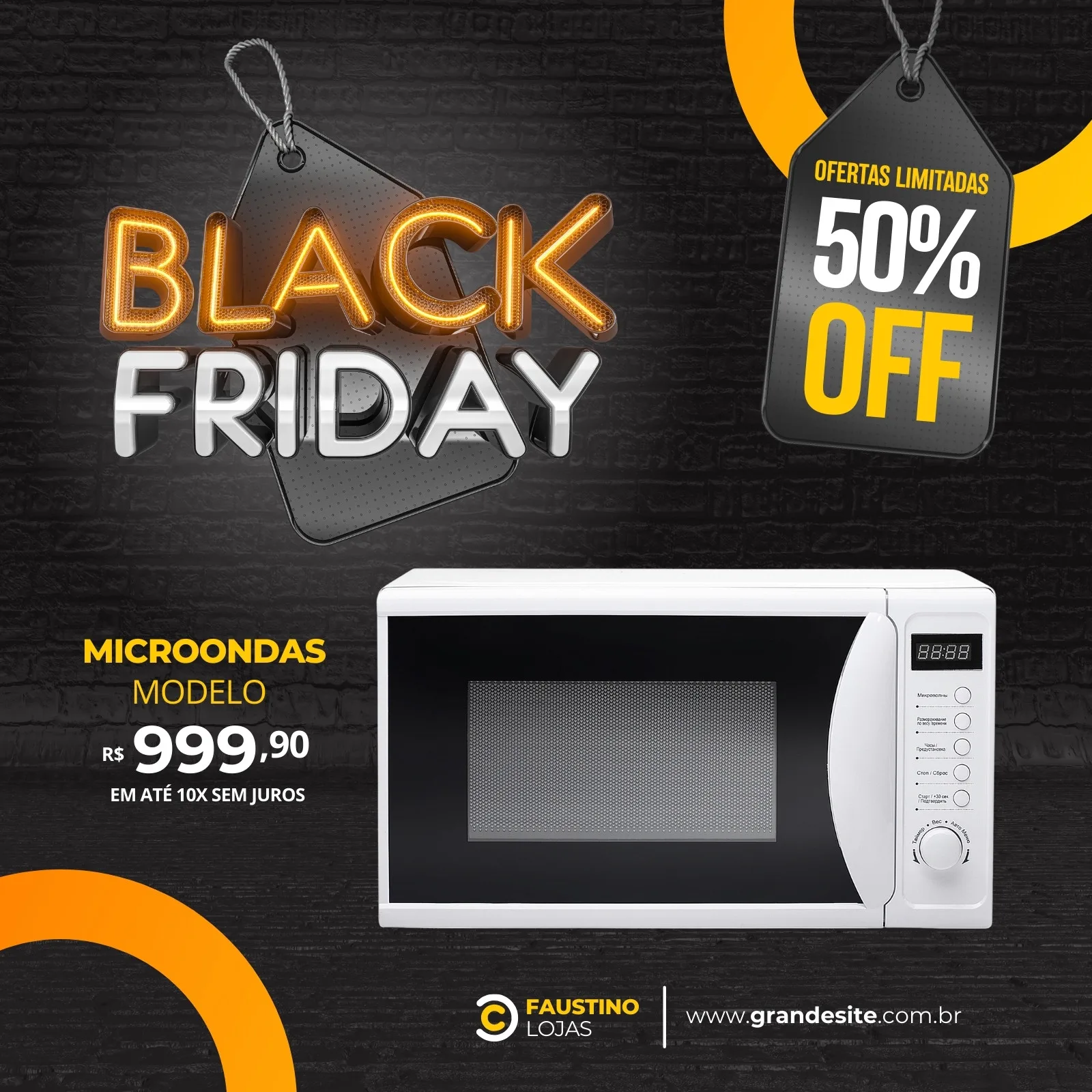 Template de post para Black Friday com destaque para um micro-ondas branco em promoção. O design utiliza cores laranja, cinza e branco, com um selo de '50% OFF' e texto 'Black Friday' em 3D.
