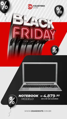 Story de Instagram com design moderno em preto, branco e vermelho para Black Friday. Destaca um notebook com preço promocional e balões com símbolo de porcentagem. Perfeito para lojas de tecnologia anunciarem ofertas.