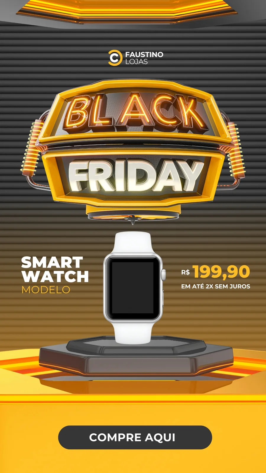 Template de Story para Instagram com tema Black Friday. Um smartwatch branco em destaque sobre um pedestal, com o texto 'Black Friday' em neon laranja e cinza. Inclui preço e botão 'Compre Aqui'. Fundo preto com detalhes em laranja.