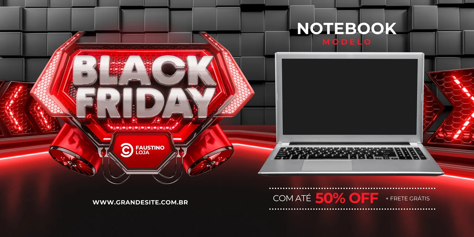 Banner horizontal com tema de Black Friday em vermelho e preto. Um notebook moderno está em destaque à direita, com a oferta "COM ATÉ 50% OFF + FRETE GRÁTIS" abaixo. À esquerda, o logo "BLACK FRIDAY" em 3D com detalhes brilhantes e o nome da loja "FAUSTINO LOJA".