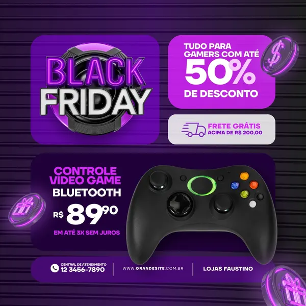 Template de Black Friday com fundo roxo e preto para loja gamer. Destaca um controle de videogame preto com botões coloridos, preço R$89,90, oferta de 50% de desconto, frete grátis e informações de contato.