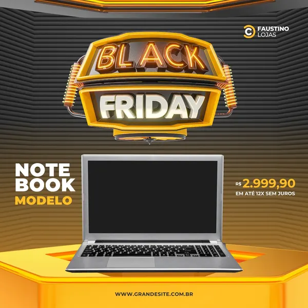 Template de post para Instagram e Facebook com o tema Black Friday. Apresenta um notebook moderno em destaque, com o logo 'Black Friday' em neon amarelo e laranja. O fundo é escuro com texturas e elementos gráficos em amarelo vibrante. Inclui preço e informações de parcelamento.
