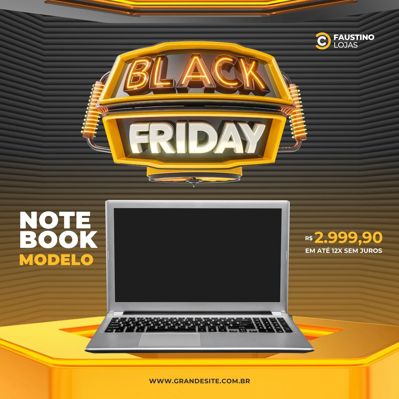 Template de post para Instagram e Facebook com o tema Black Friday. Apresenta um notebook moderno em destaque, com o logo 'Black Friday' em neon amarelo e laranja. O fundo é escuro com texturas e elementos gráficos em amarelo vibrante. Inclui preço e informações de parcelamento.
