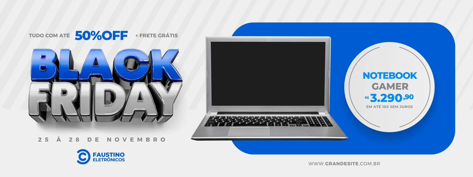 Banner horizontal azul e cinza para Black Friday com a frase 'Black Friday' em 3D, um notebook gamer em destaque com preço e logo de uma loja de eletrônicos. Promove 50% OFF e frete grátis.