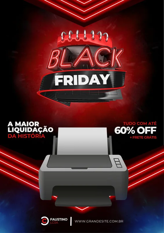Template de post para Black Friday com fundo preto e detalhes em neon vermelho. Destaca o texto 'Black Friday', uma impressora 3D e informações sobre ofertas de até 60% OFF e frete grátis. Ideal para divulgar promoções de produtos eletrônicos.