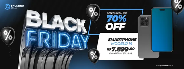 Banner horizontal para Black Friday com o título 'Black Friday Ofertas De Smartphone' em destaque. Ao lado, um smartphone moderno com tela azul, balões de porcentagem e a oferta de até 70% OFF. Design em azul, cinza e branco.
