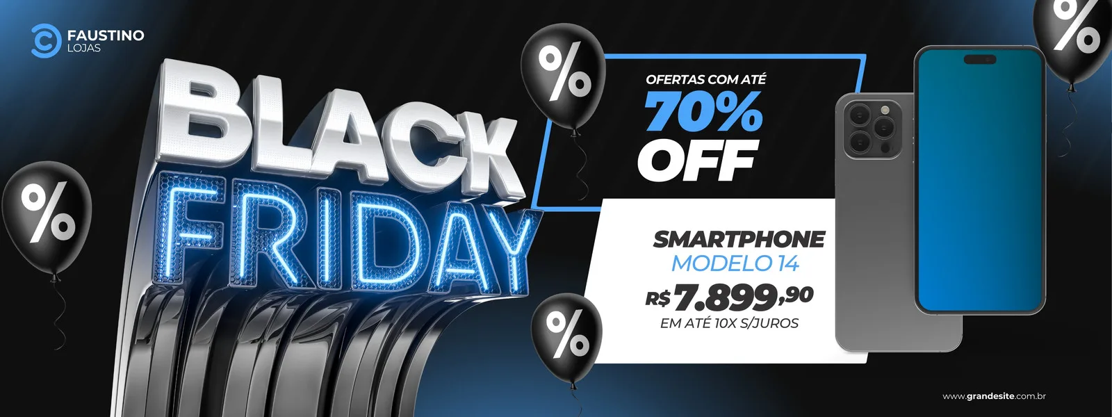 Banner horizontal para Black Friday com o título 'Black Friday Ofertas De Smartphone' em destaque. Ao lado, um smartphone moderno com tela azul, balões de porcentagem e a oferta de até 70% OFF. Design em azul, cinza e branco.