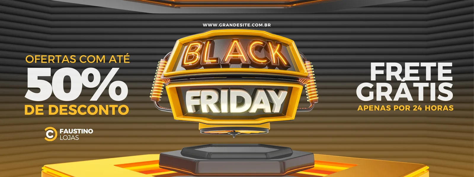 Banner horizontal para Black Friday com fundo preto e detalhes em laranja e dourado. Destaca 'Black Friday' em 3D, 'Ofertas com até 50% de Desconto' e 'Frete Grátis Apenas por 24 Horas', com espaço para logo de loja.