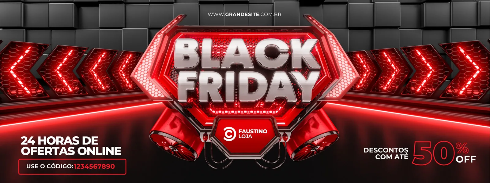 Banner horizontal de Black Friday em tons de vermelho, amarelo e branco, com o logo 'FAUSTINO LOJA'. Destaca 'BLACK FRIDAY', '24 HORAS DE OFERTAS ONLINE' e 'DESCONTOS COM ATÉ 50% OFF'. Elementos de seta vermelha iluminada criam um senso de urgência e movimento.