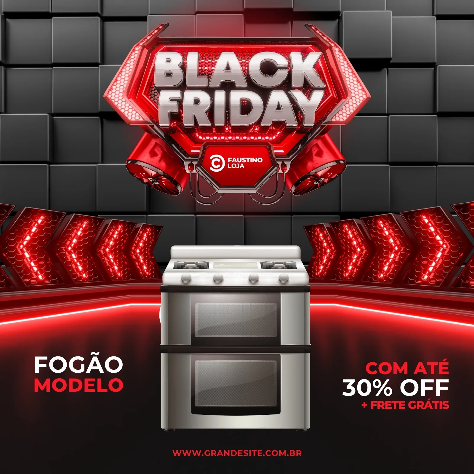 Template de post para Instagram com tema Black Friday. Fundo com cubos pretos e detalhes em vermelho neon. Um fogão moderno em destaque, com texto 'FOGÃO MODELO' e 'COM ATÉ 30% OFF + FRETE GRÁTIS'. Logo da Faustino Loja e site no rodapé.