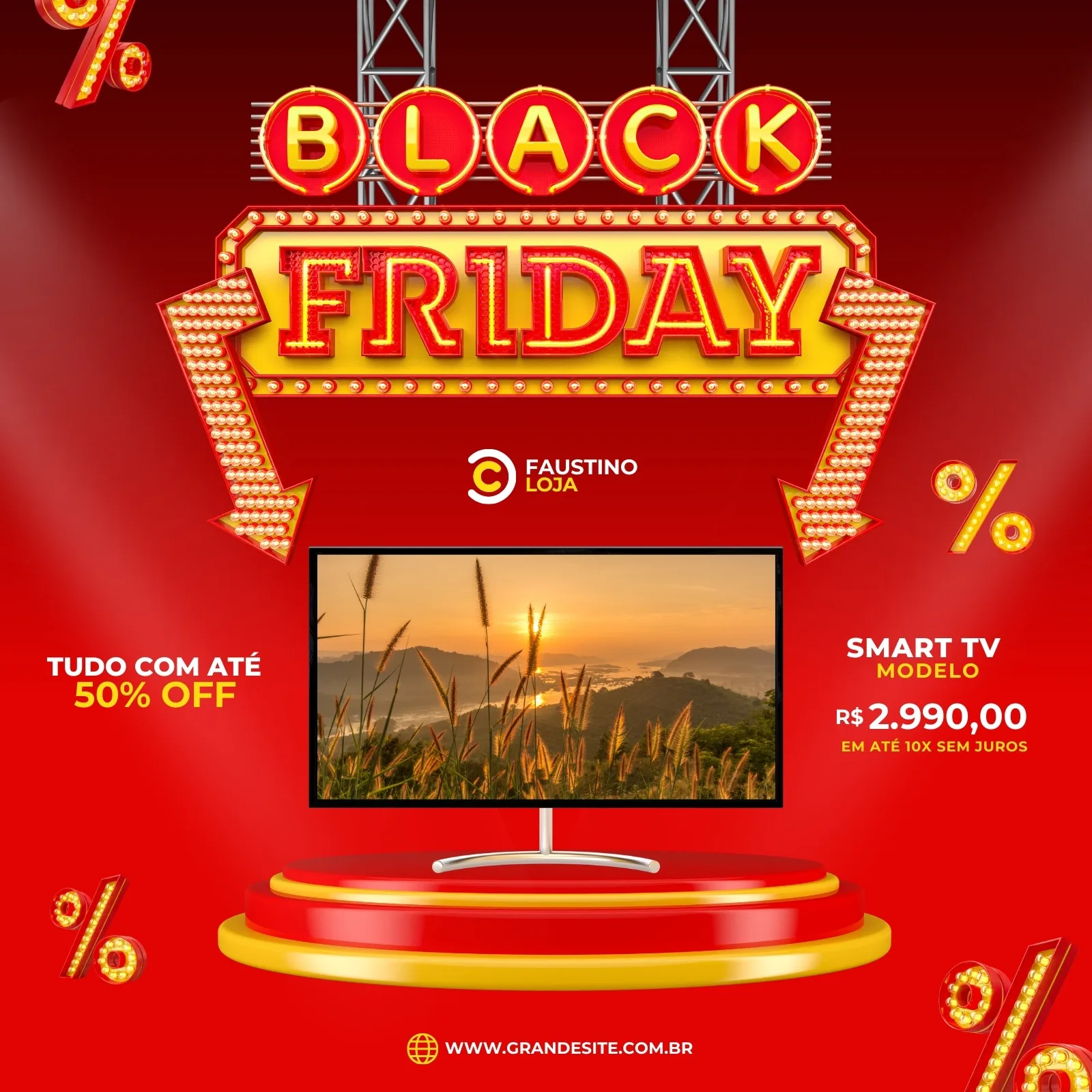 Template de post para redes sociais com tema Black Friday, em tons de vermelho, amarelo e branco. Destaca um televisor moderno em um pedestal, com o texto 'Black Friday', 'Tudo com até 50% OFF' e o preço de uma Smart TV.