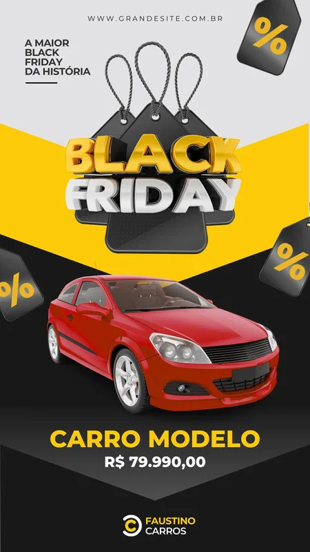 Template de Story para Instagram com tema de Black Friday. Um carro vermelho em destaque, com o texto "Black Friday" em 3D dourado e prateado, e um preço promocional. Fundo amarelo e cinza com etiquetas de desconto.