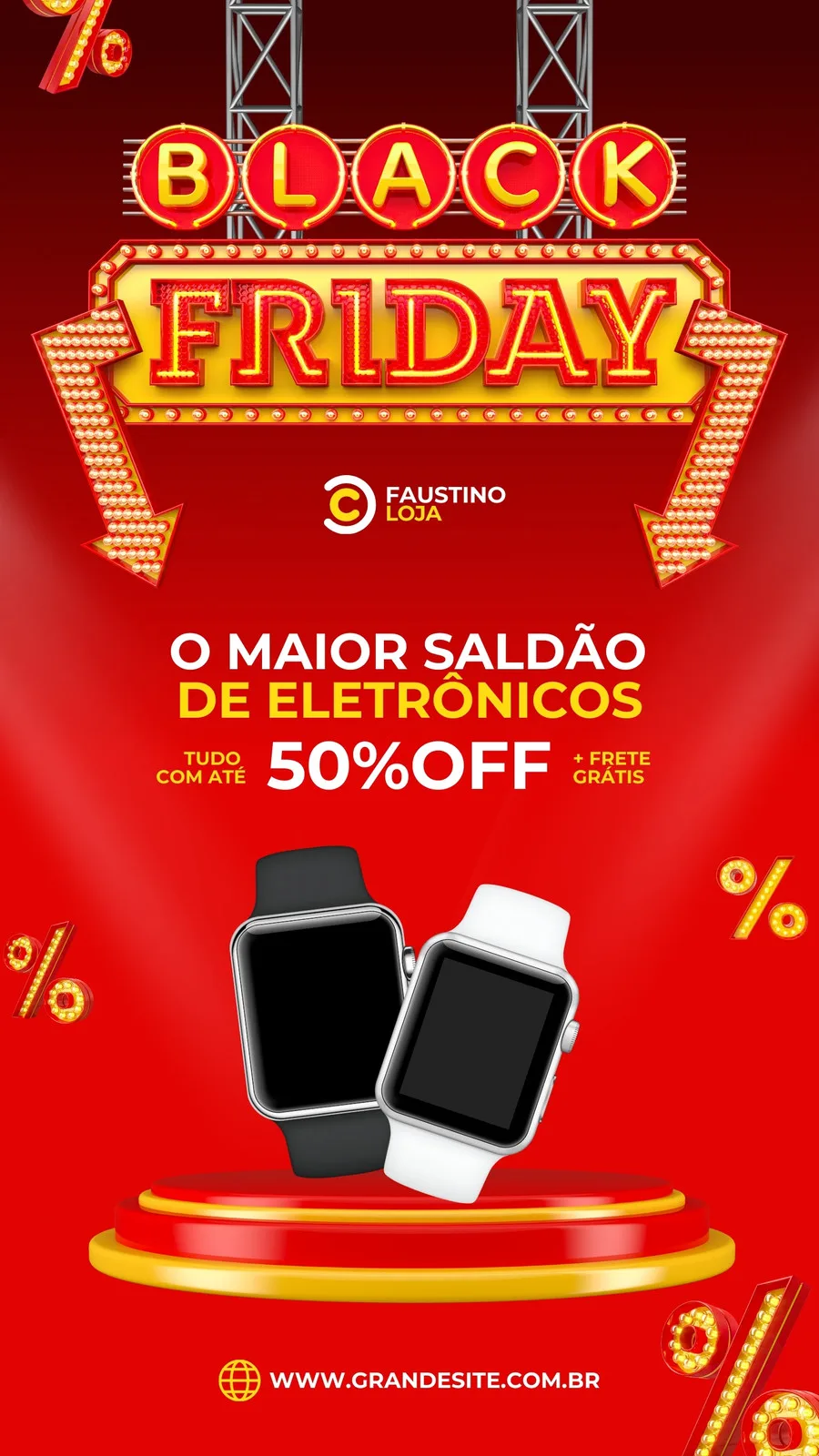 Template de Story para Instagram com tema de Black Friday, em tons de vermelho, amarelo e branco. Destaca a oferta de 50% OFF em eletrônicos, com imagens de smartwatches em um pódio, e elementos gráficos de porcentagem e setas luminosas.