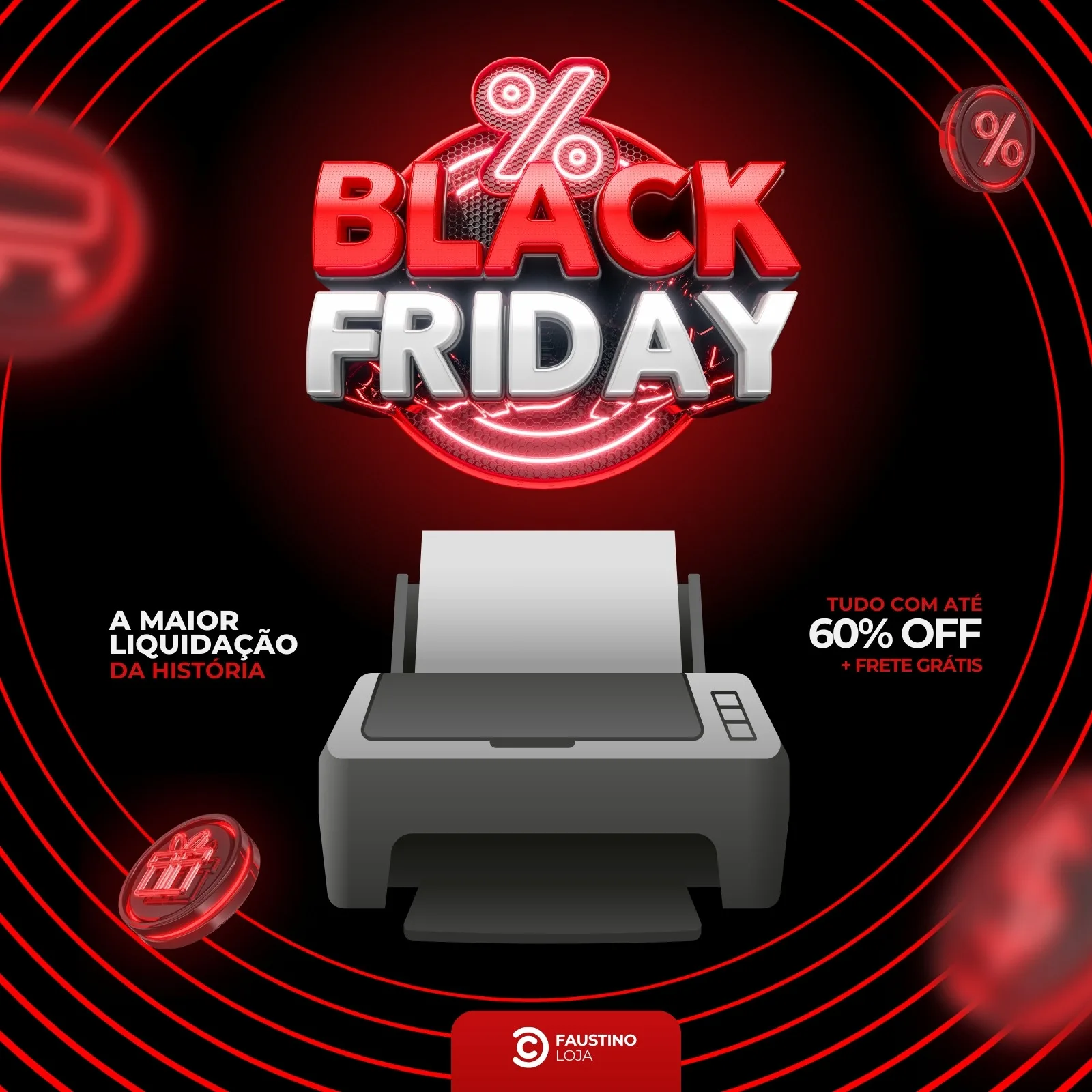 Template de post para redes sociais com tema Black Friday, destacando uma impressora e a oferta de 60% OFF mais frete grátis. O design usa cores vermelho, preto e branco, com elementos gráficos de porcentagem e presentes.