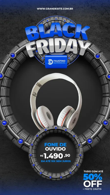 Template de Story para Instagram com tema Black Friday. Um fone de ouvido branco com detalhes em vermelho está em destaque, cercado por um anel metálico com detalhes em azul. O texto anuncia 'Black Friday', 'Fone de Ouvido', preço e '50% OFF + Frete Grátis'.