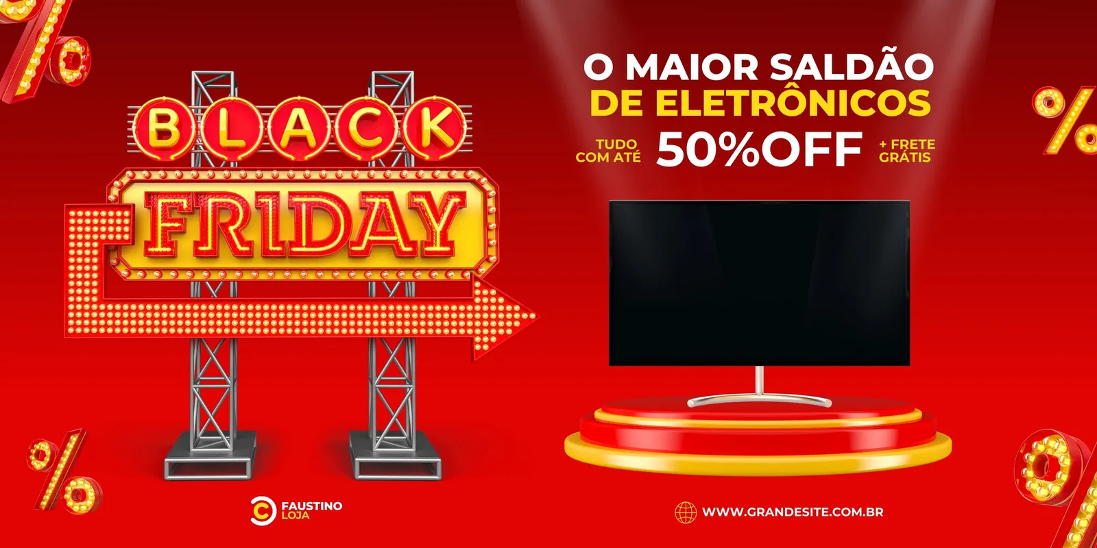 Banner horizontal em vermelho vibrante com letreiro luminoso 'Black Friday' e um televisor moderno em destaque. A promoção anuncia 'O Maior Saldão de Eletrônicos' com '50% OFF' e 'Frete Grátis', ideal para lojas de comércio.