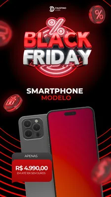Template de Story para Instagram em tons de vermelho, preto e branco, destacando a Black Friday com um smartphone moderno e preço promocional. Elementos de desconto e moedas digitais criam um visual atraente para ofertas de tecnologia.