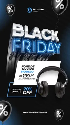 Template de Story para Instagram com a frase 'Black Friday' em destaque 3D, um fone de ouvido e a oferta de 70% OFF. Balões pretos com símbolo de porcentagem flutuam ao redor, em um fundo escuro com detalhes em azul.