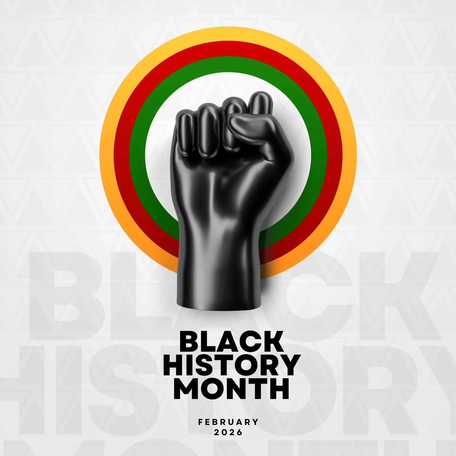 Um post moderno em preto e prata para o Mês da História Negra. Apresenta um punho cerrado preto em destaque, com um círculo de cores pan-africanas ao fundo, transmitindo força e celebração.