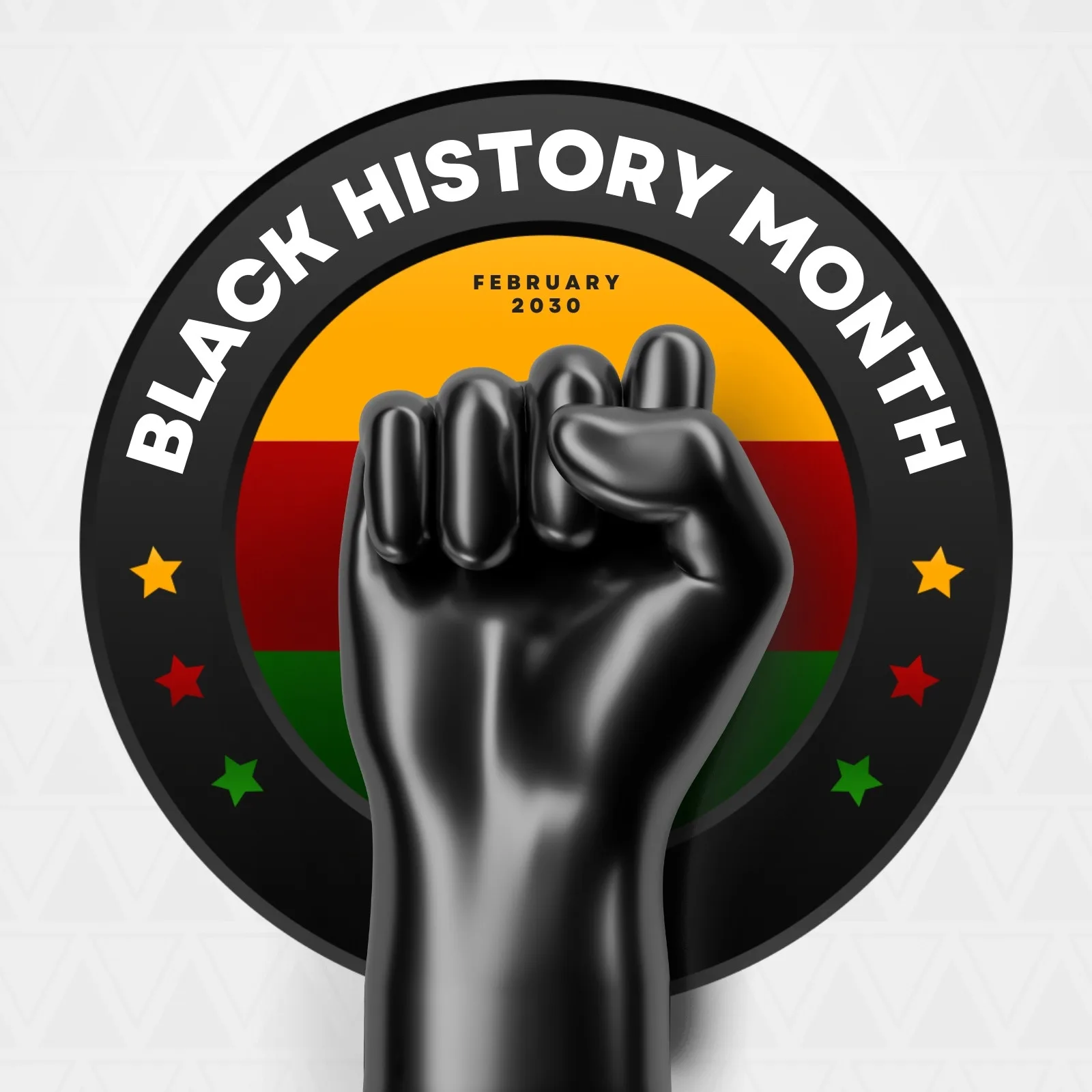 Template de Instagram Story com um punho preto erguido em sinal de protesto e empoderamento, sobre um círculo com as cores amarelo, vermelho e verde, e a inscrição 'Black History Month'. Ideal para posts sobre o Mês da História Negra.