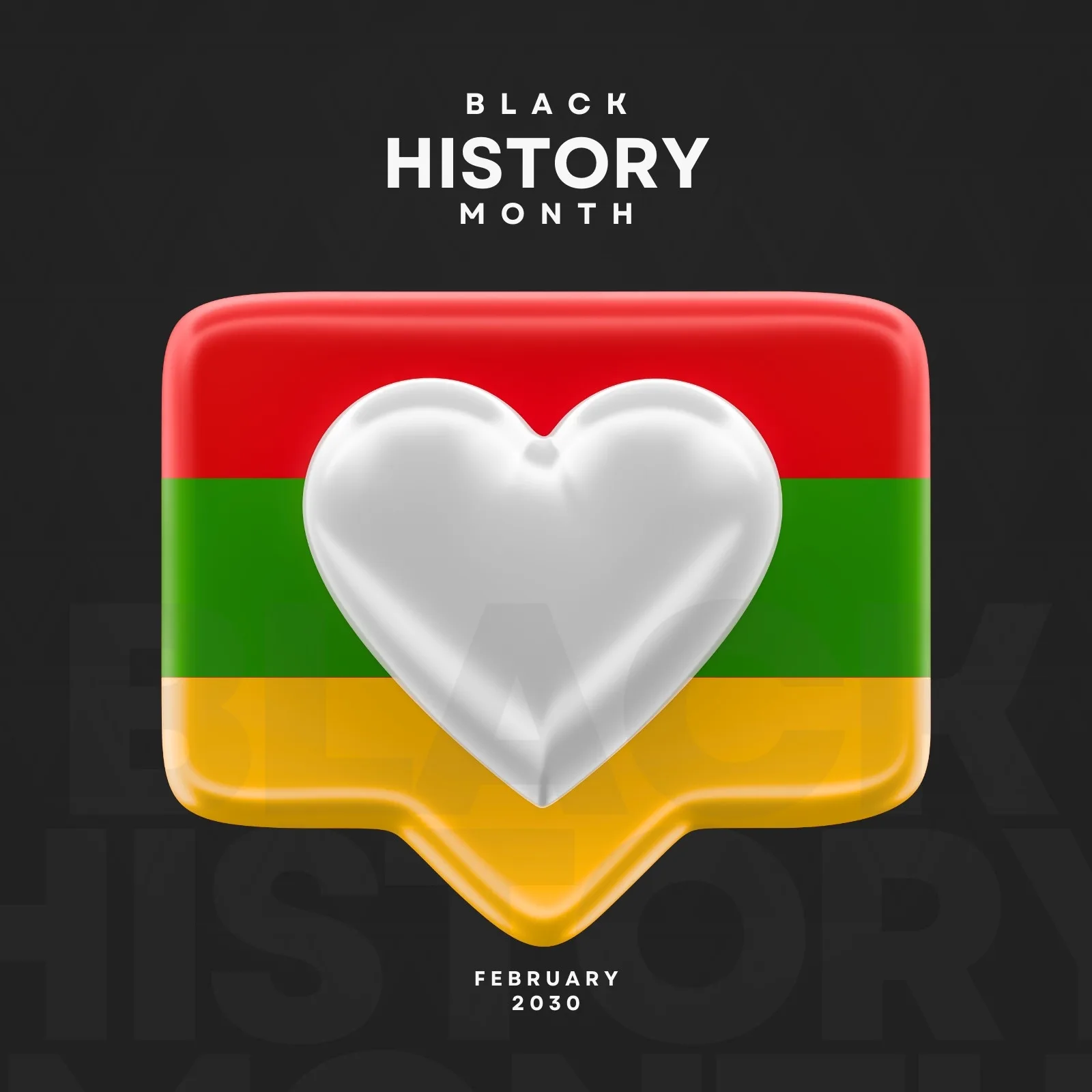 Post para redes sociais com o tema Mês da História Negra. Apresenta um balão de fala com as cores da bandeira Pan-Africana (vermelho, verde, amarelo) e um coração branco em destaque, simbolizando amor e celebração.