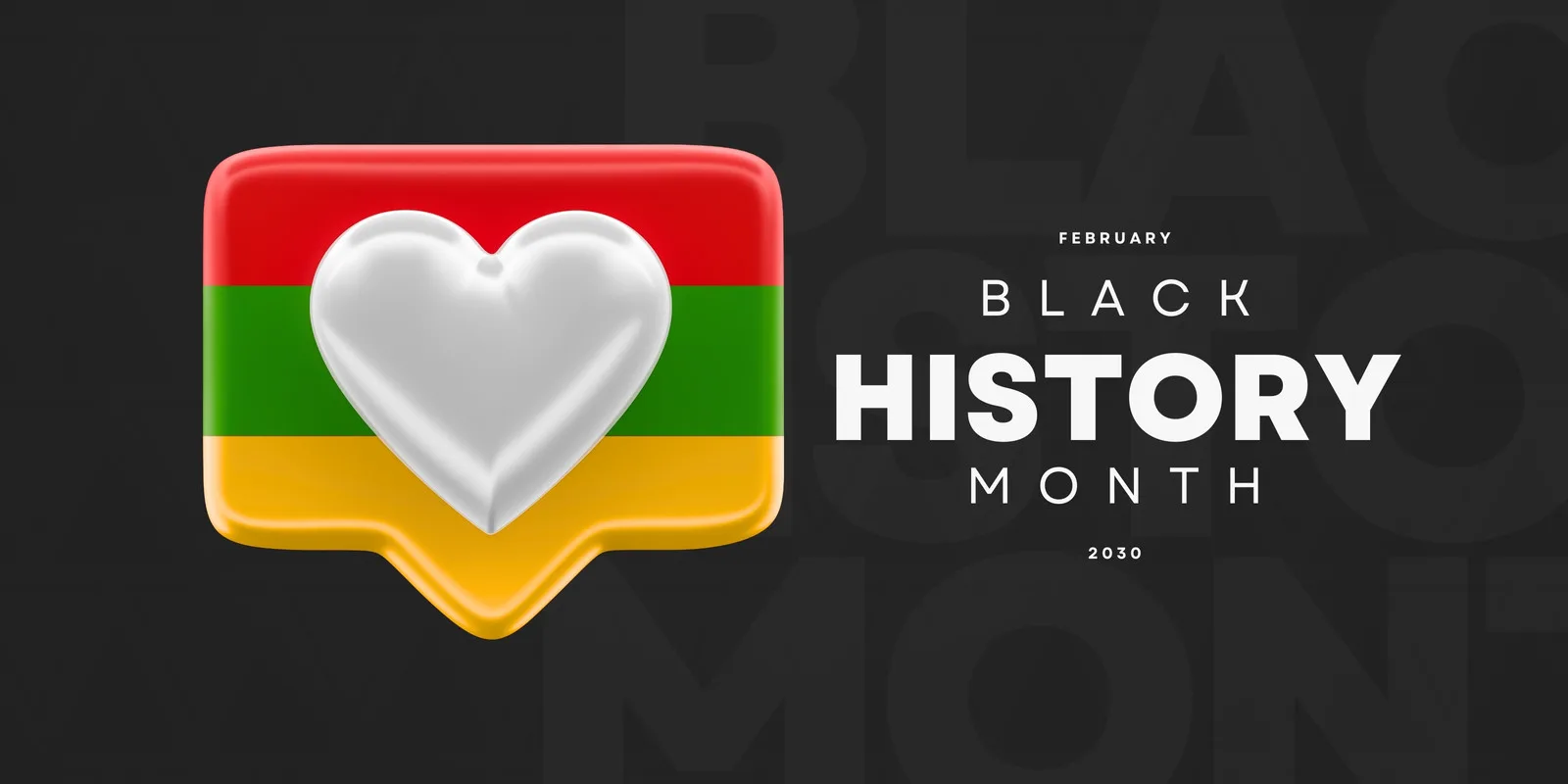 Banner horizontal com fundo escuro e texto 'Black History Month'. Um ícone de balão de fala com as cores pan-africanas (vermelho, verde, amarelo) e um coração branco no centro, simbolizando amor e celebração.