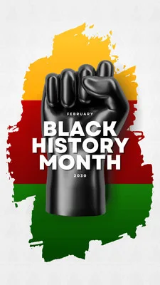 Template de Instagram Story com fundo branco e pinceladas nas cores verde, vermelho e amarelo. No centro, um punho cerrado preto com a inscrição 'Black History Month' em letras brancas, simbolizando força e resistência.