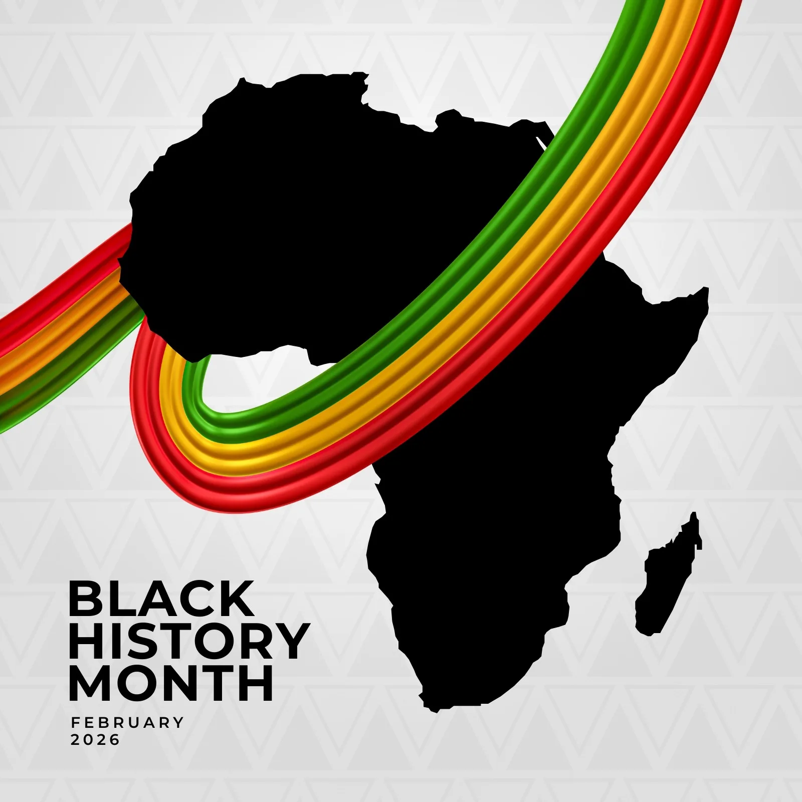 Um post quadrado com a silhueta preta do continente africano em destaque. Uma fita com as cores verde, amarela e vermelha (cores pan-africanas) flui sobre a silhueta. O texto 'BLACK HISTORY MONTH' e 'FEBRUARY 2026' aparece em branco na parte inferior.