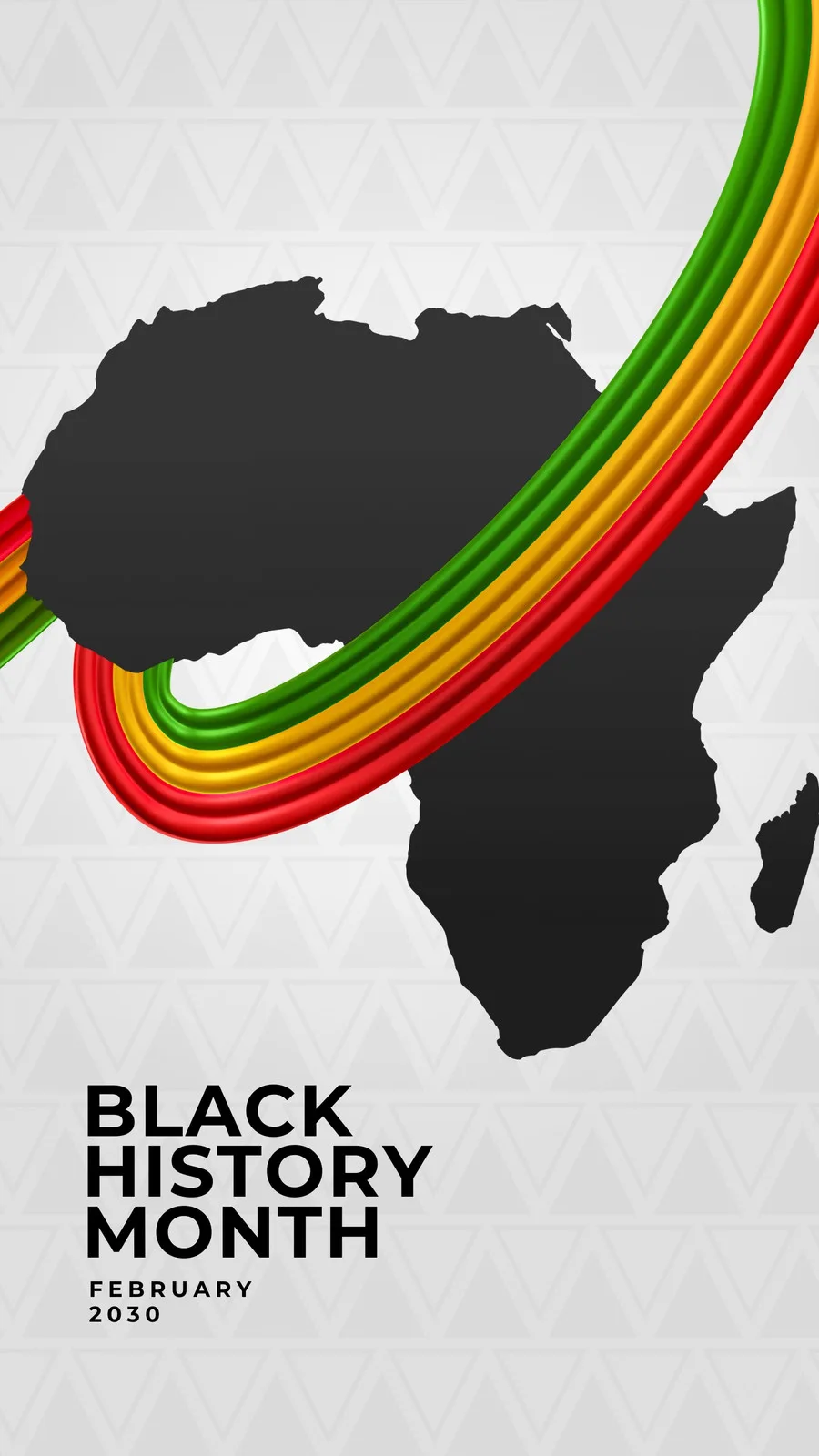 Template de Instagram Story com o mapa da África em silhueta preta, adornado por uma faixa colorida em vermelho, verde e amarelo. O texto 'Black History Month' e 'February 2030' aparece em destaque, com um fundo texturizado em tons de cinza claro.