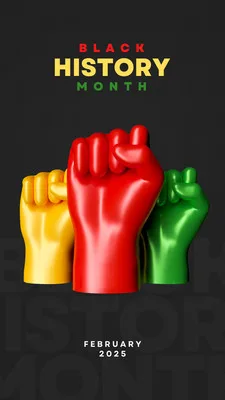 Template de Instagram Story em preto com três punhos cerrados em destaque nas cores vermelho, amarelo e verde. O texto 'BLACK HISTORY MONTH' aparece em destaque no topo, com 'FEBRUARY 2025' na base. O design é moderno e impactante.