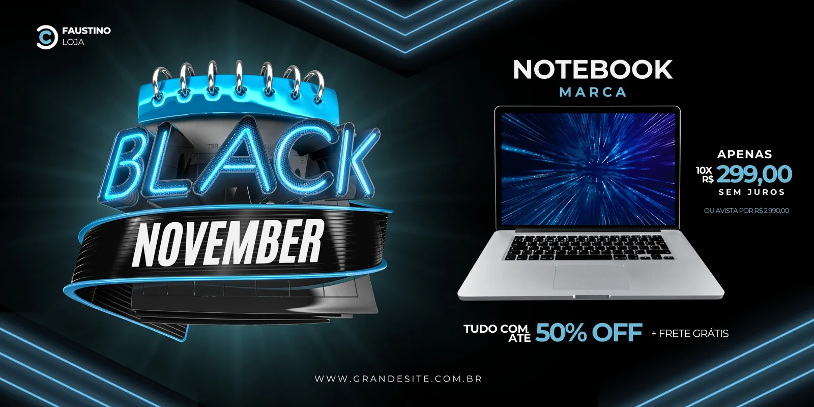 Banner horizontal azul, branco e preto para Black November de loja de eletrônicos. Destaca um notebook com tela azul vibrante, texto 'Black November' em neon e ofertas como '50% OFF' e 'Frete Grátis'.
